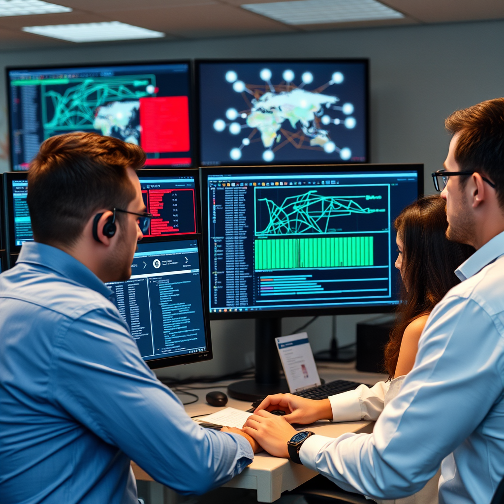 Professional IT team working on network security analysis with multiple monitors displaying network topology and IP scanner results