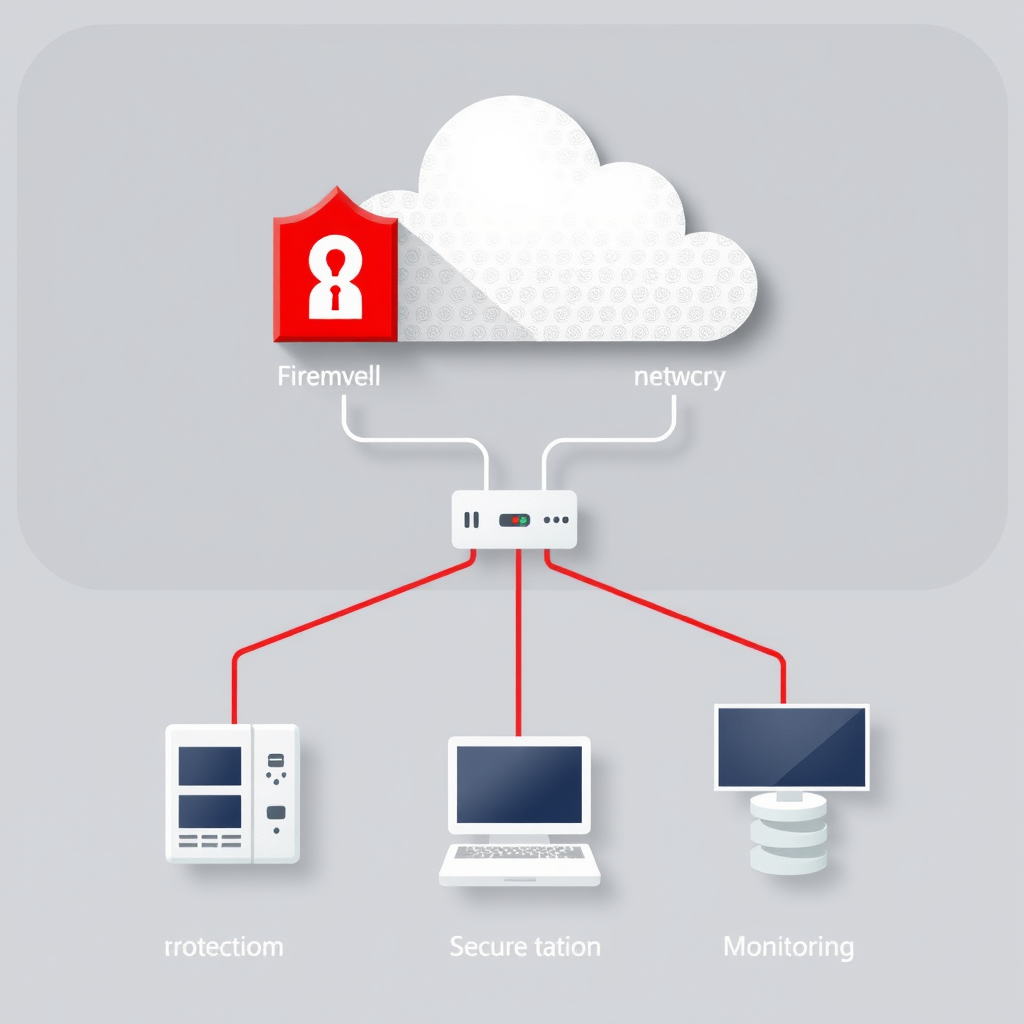 Network security diagram showing firewall protection, secure connections, and monitoring systems for small business IT infrastructure