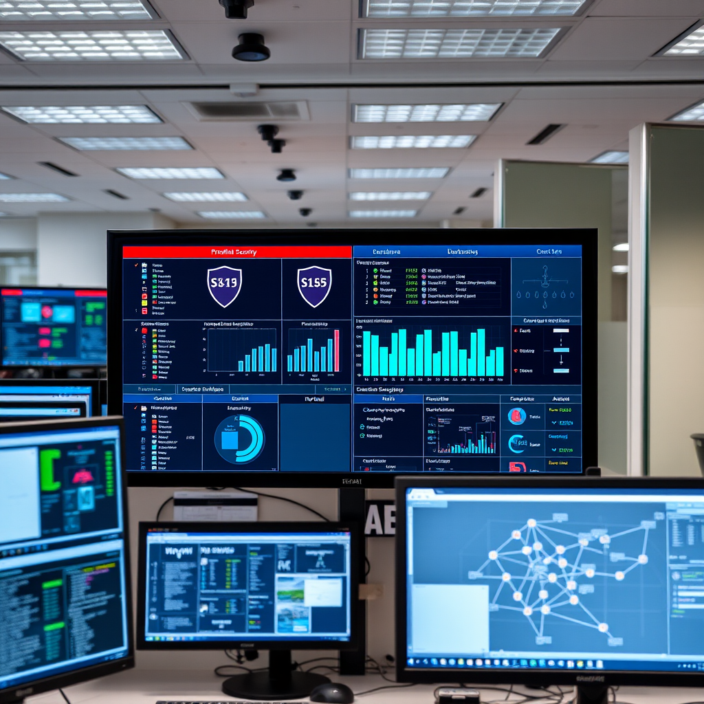 Network security dashboard showing multiple computer screens with security monitoring interfaces, firewall status indicators, and network topology diagrams in a modern IT office environment