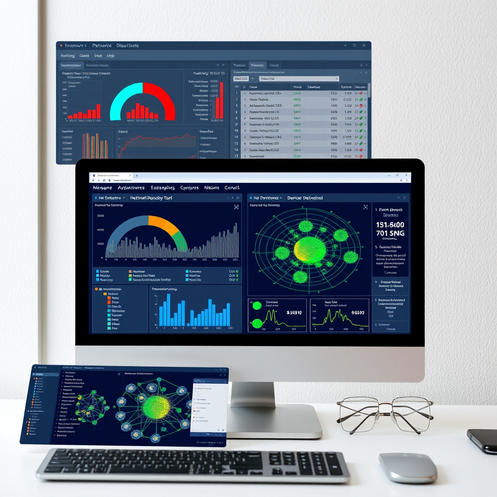 Network discovery tools comparison dashboard showing various scanning interfaces with performance metrics, device detection results, and network topology visualization on computer screens