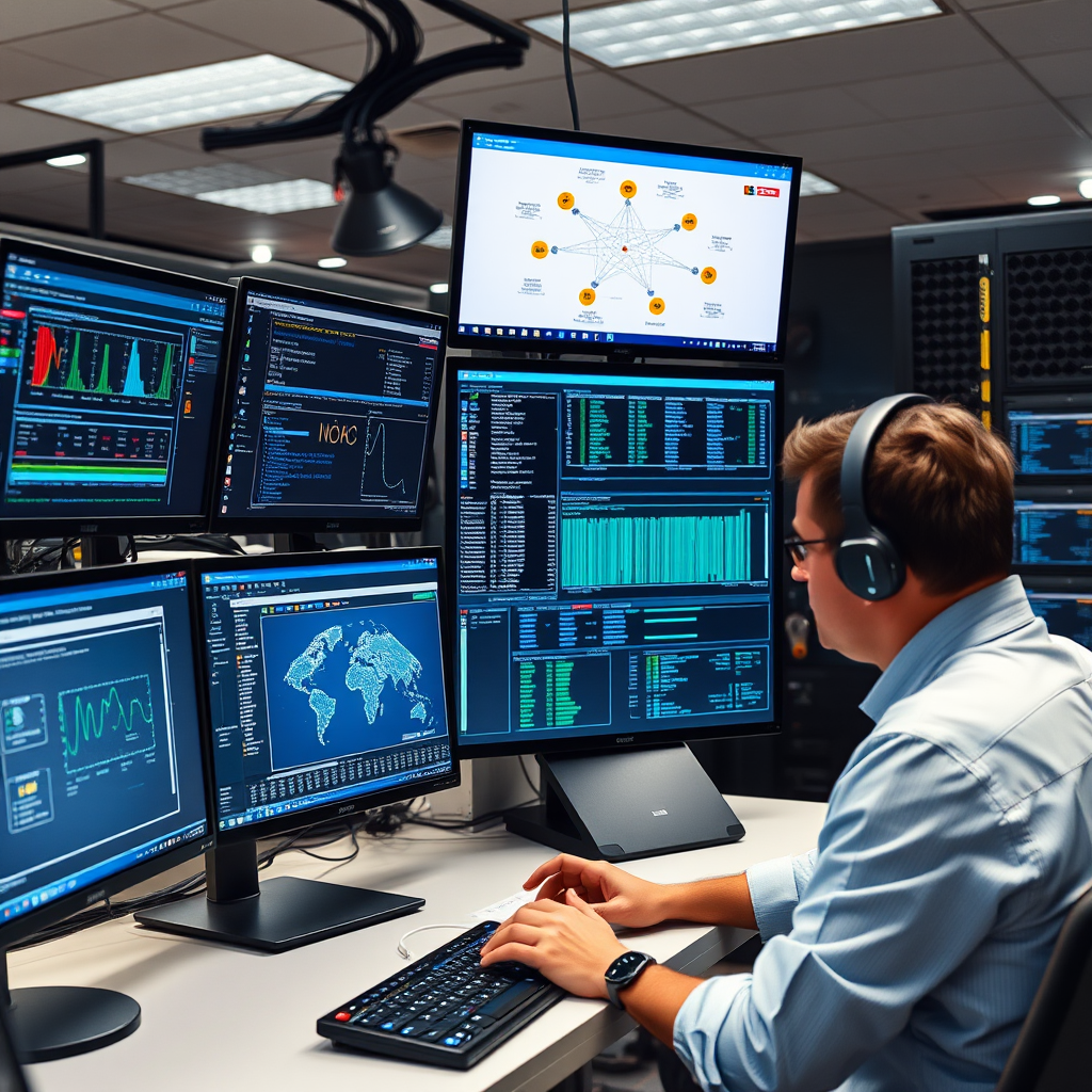 Network administrator working at computer with multiple monitors displaying network diagnostic tools, LAN topology diagrams, and IP scanner results in a modern server room