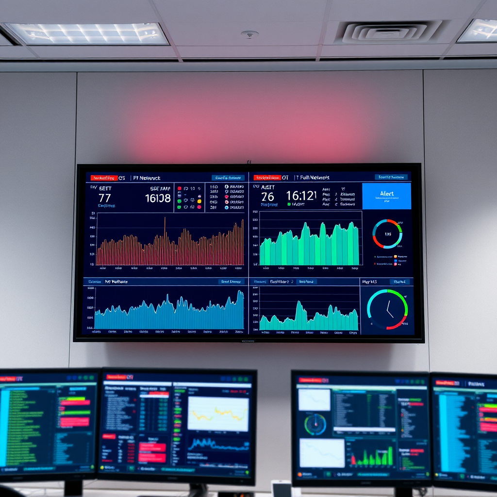 Modern network monitoring dashboard displaying real-time network performance metrics, server status indicators, and alert notifications on multiple screens in a professional IT operations center