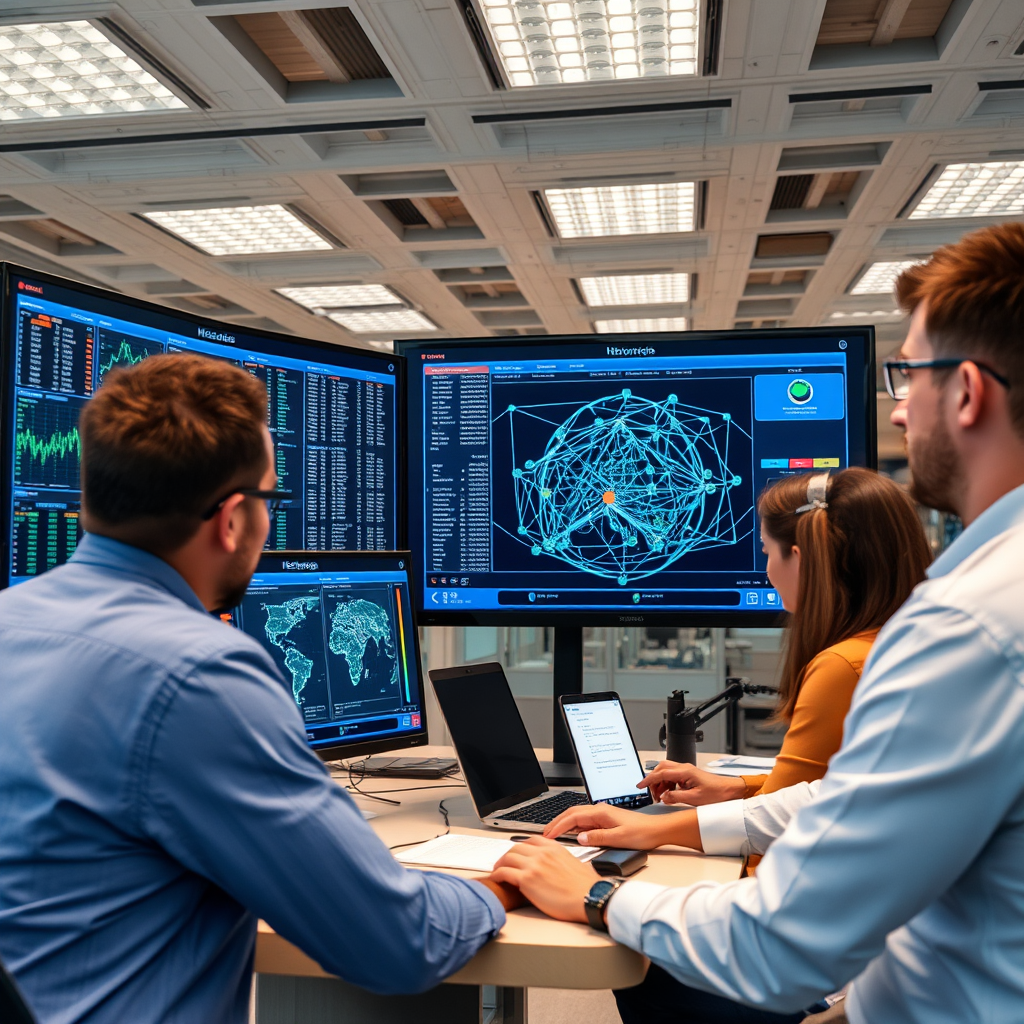 Modern office environment with IT professionals using advanced network monitoring tools and IP scanners on large displays showing network topology