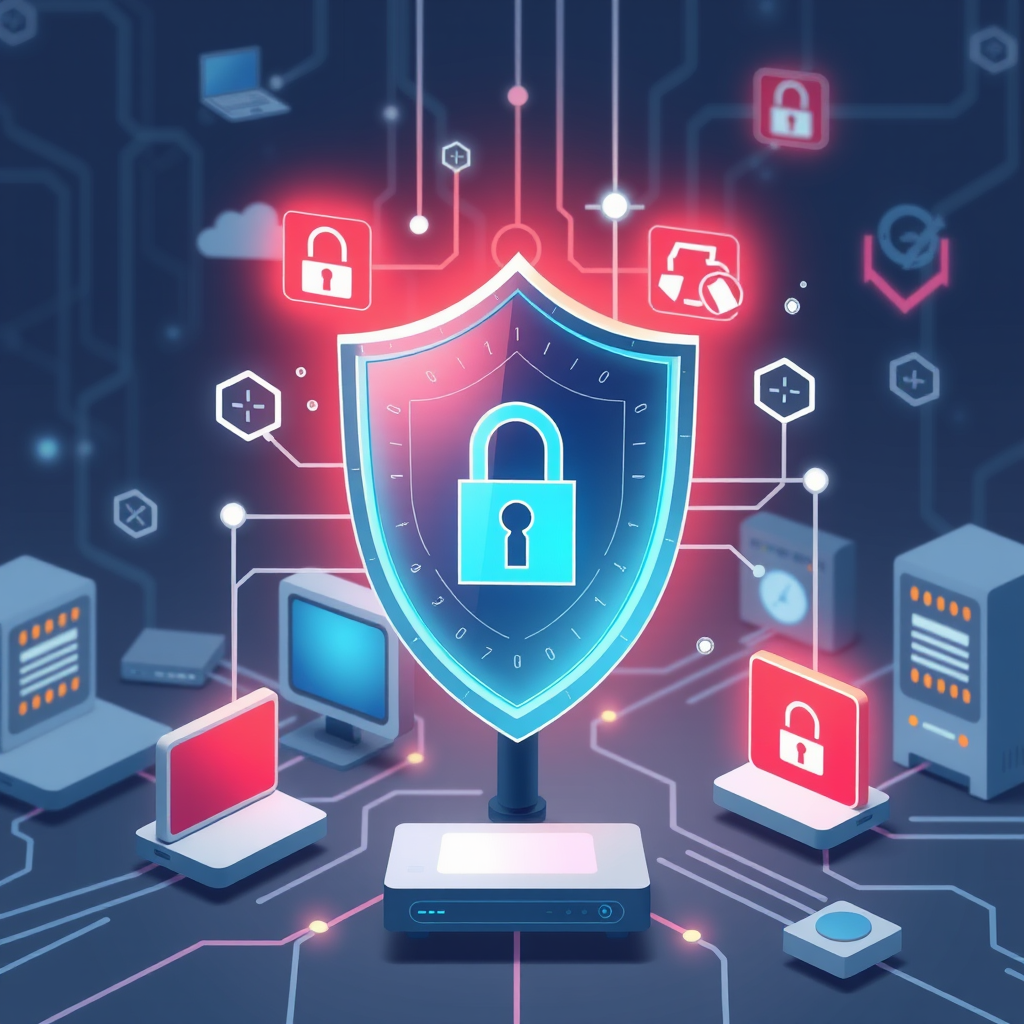 Network security illustration showing a digital shield protecting interconnected devices and servers in a LAN environment with security icons and firewall elements
