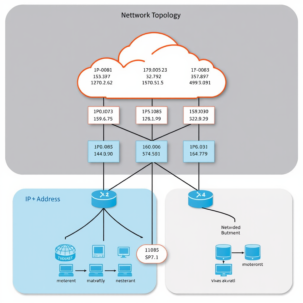 Enterprise network topology diagram showing IP address allocation, subnets, VLANs, and device management across multiple network segments