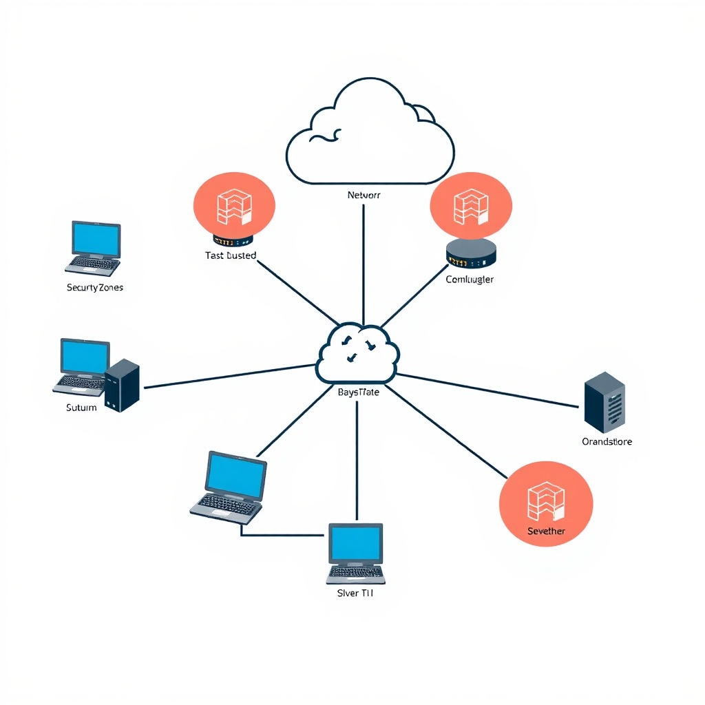 Network topology diagram showing interconnected computers, servers, routers, and switches in a typical small business LAN setup with security zones highlighted