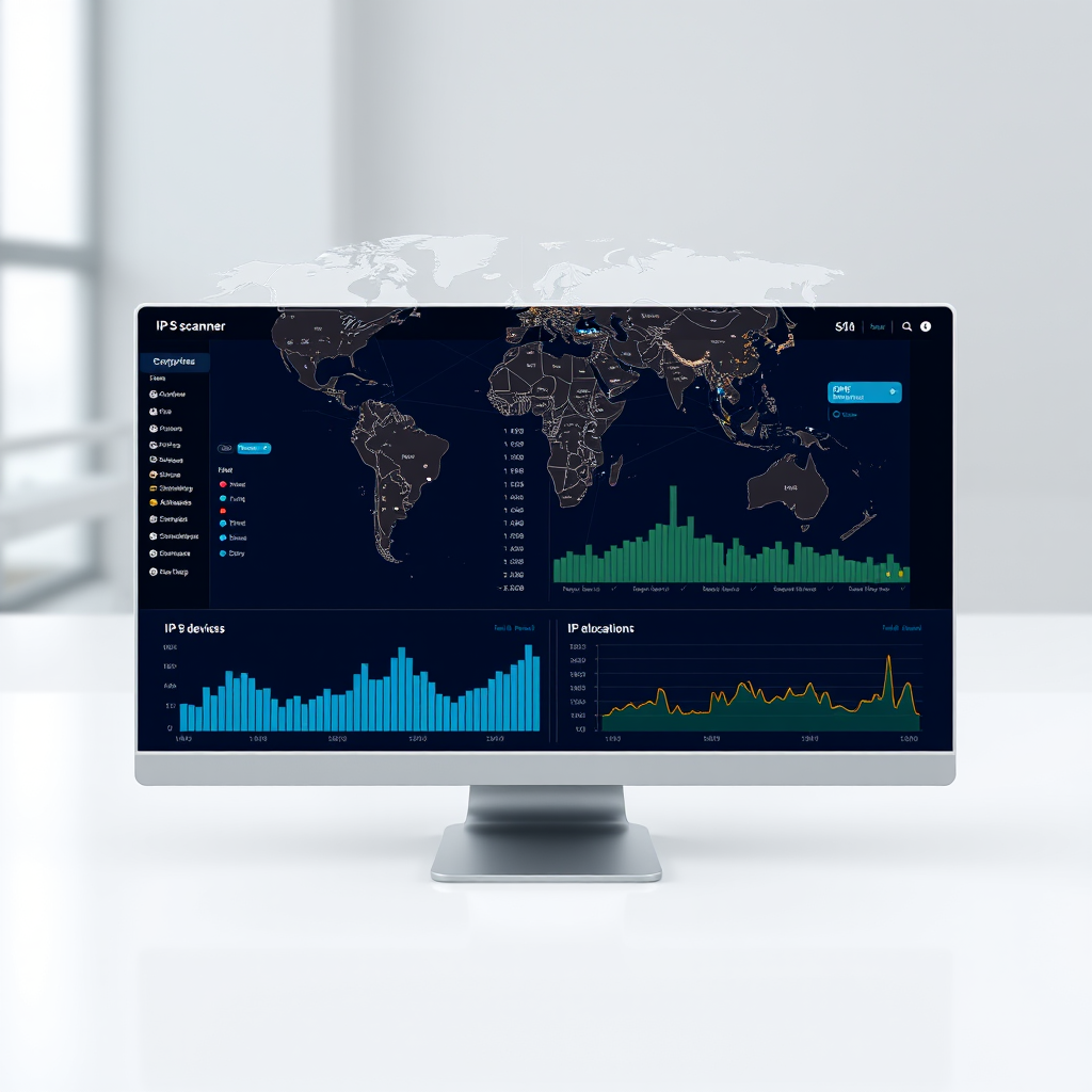 Professional IP scanner dashboard interface showing network topology, active devices, and IP allocation status with real-time monitoring capabilities