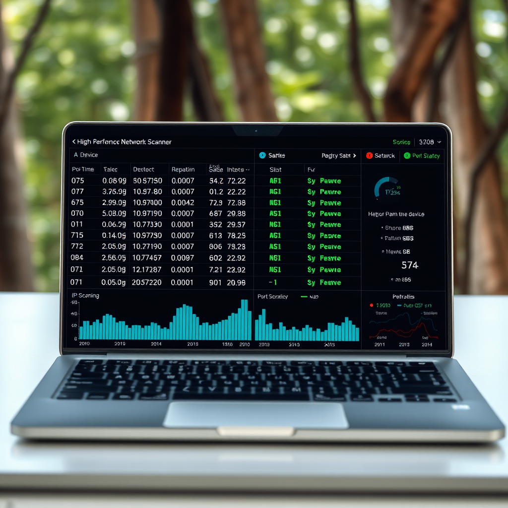 High-performance network scanner interface displaying rapid IP scanning results with real-time device discovery, port status indicators, and network performance metrics