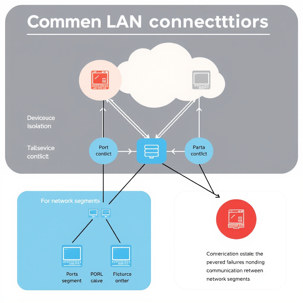 Network topology diagram highlighting common LAN connectivity issues including device isolation, port conflicts, and communication failures between network segments