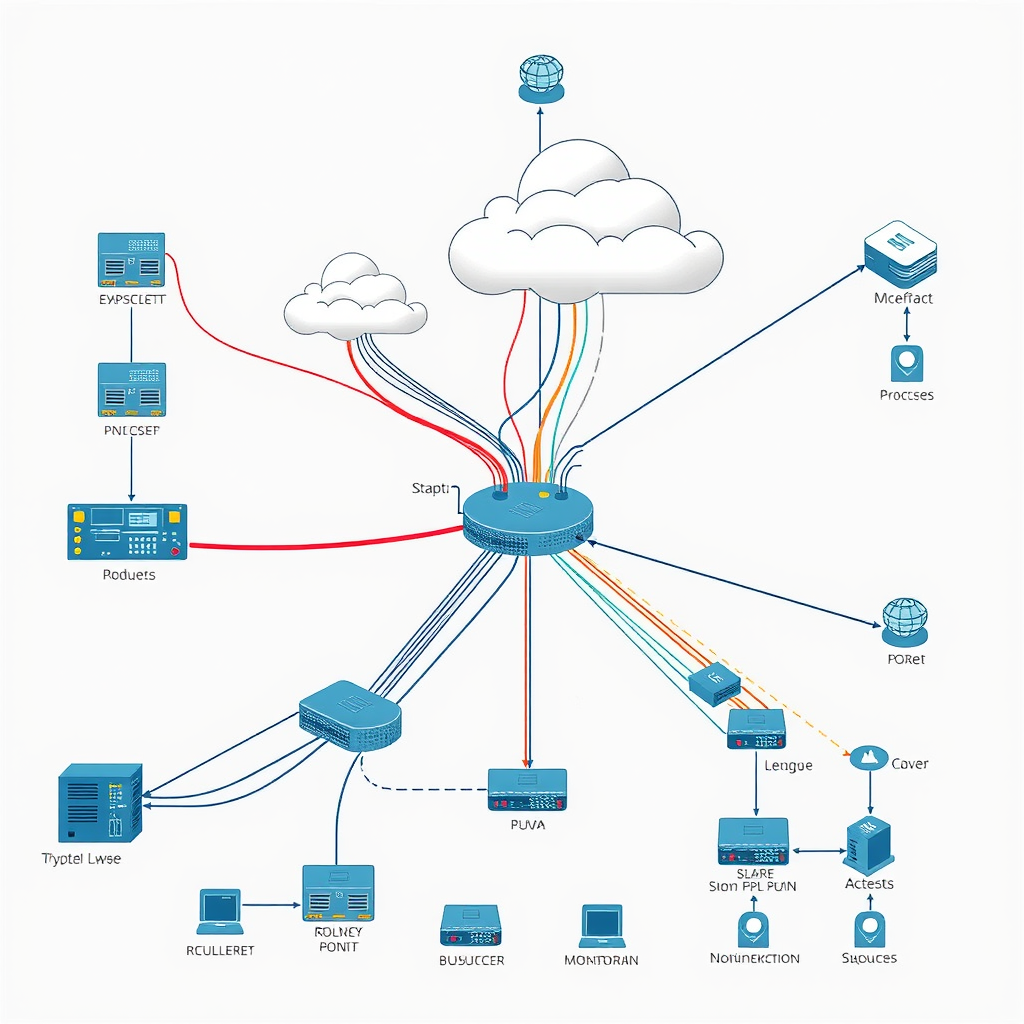 Detailed network infrastructure diagram showing interconnected servers, switches, routers, and monitoring points across a corporate LAN environment with highlighted critical pathways