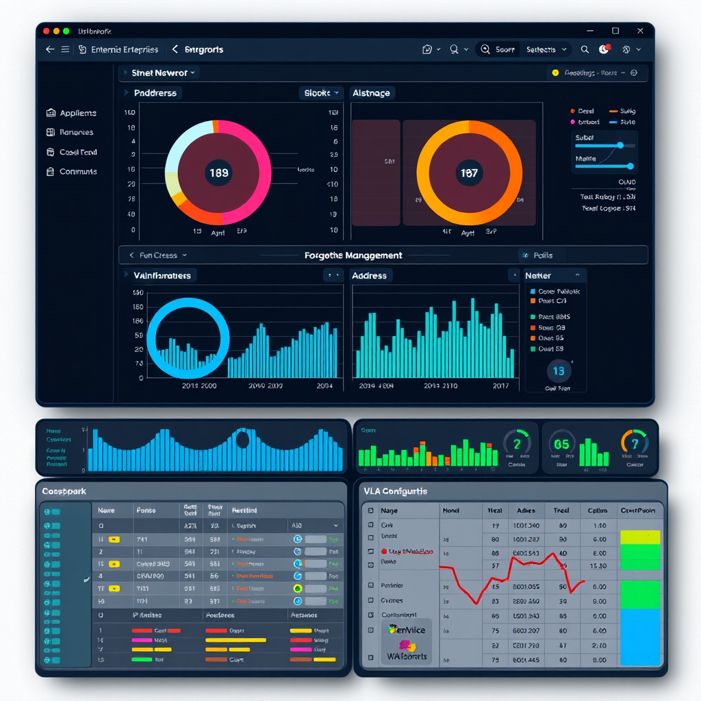 Modern enterprise network dashboard displaying IP address allocation charts, subnet management interface, and VLAN configuration panels with colorful data visualization elements