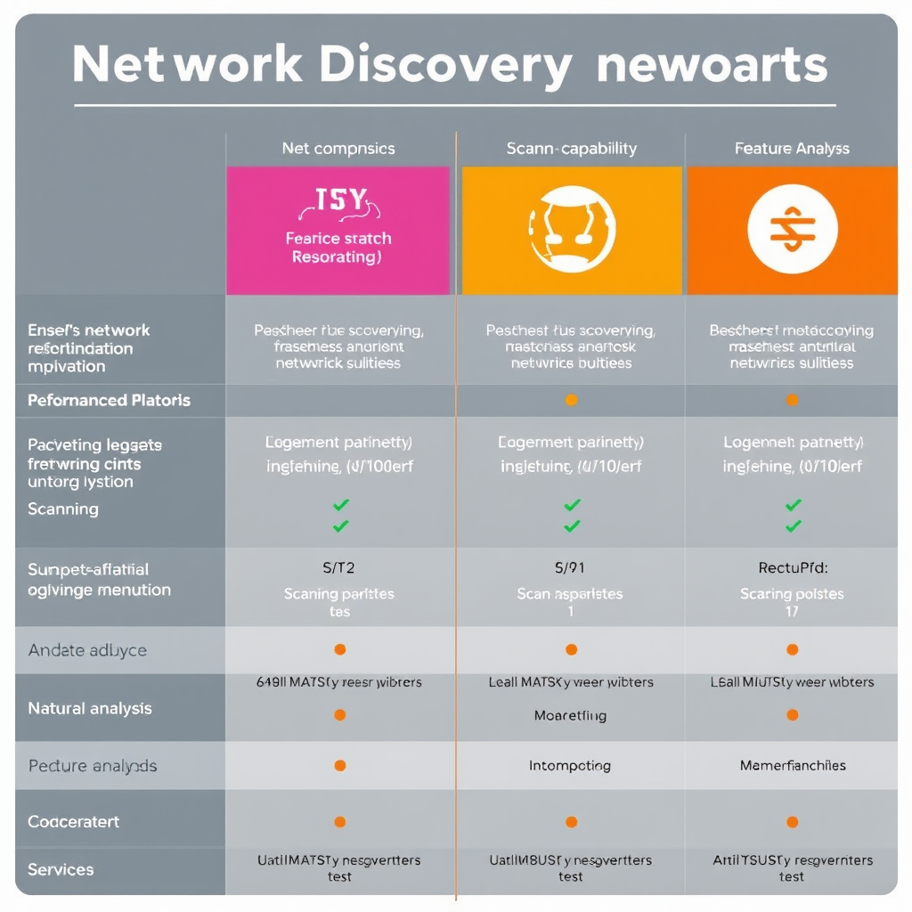 Comparison chart showing different network discovery tools with performance metrics, scanning capabilities, and feature analysis for IT professionals