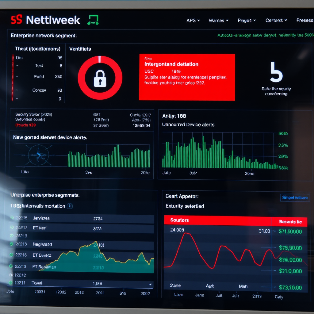 Network security monitoring interface displaying threat detection, unauthorized device alerts, and security compliance status across enterprise network segments