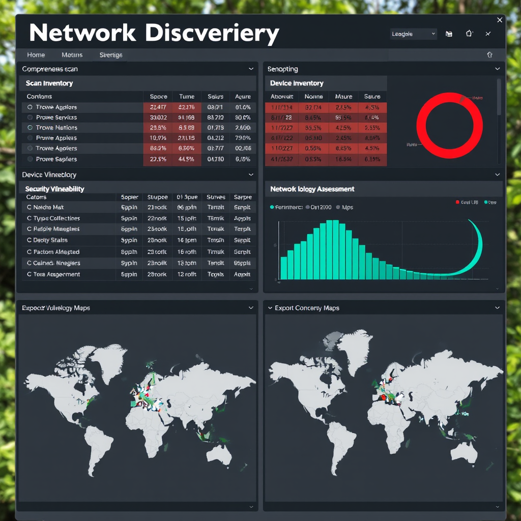 Network discovery reporting dashboard showing comprehensive scan results, device inventory tables, security vulnerability assessments, and network topology maps with export options