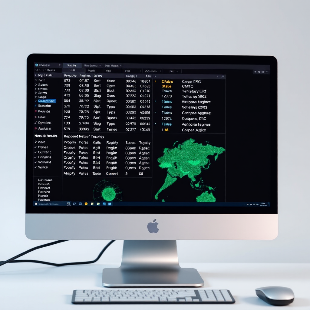 Computer screen displaying IP scanner results with detailed device information, response times, open ports, and network topology visualization in a professional network monitoring interface