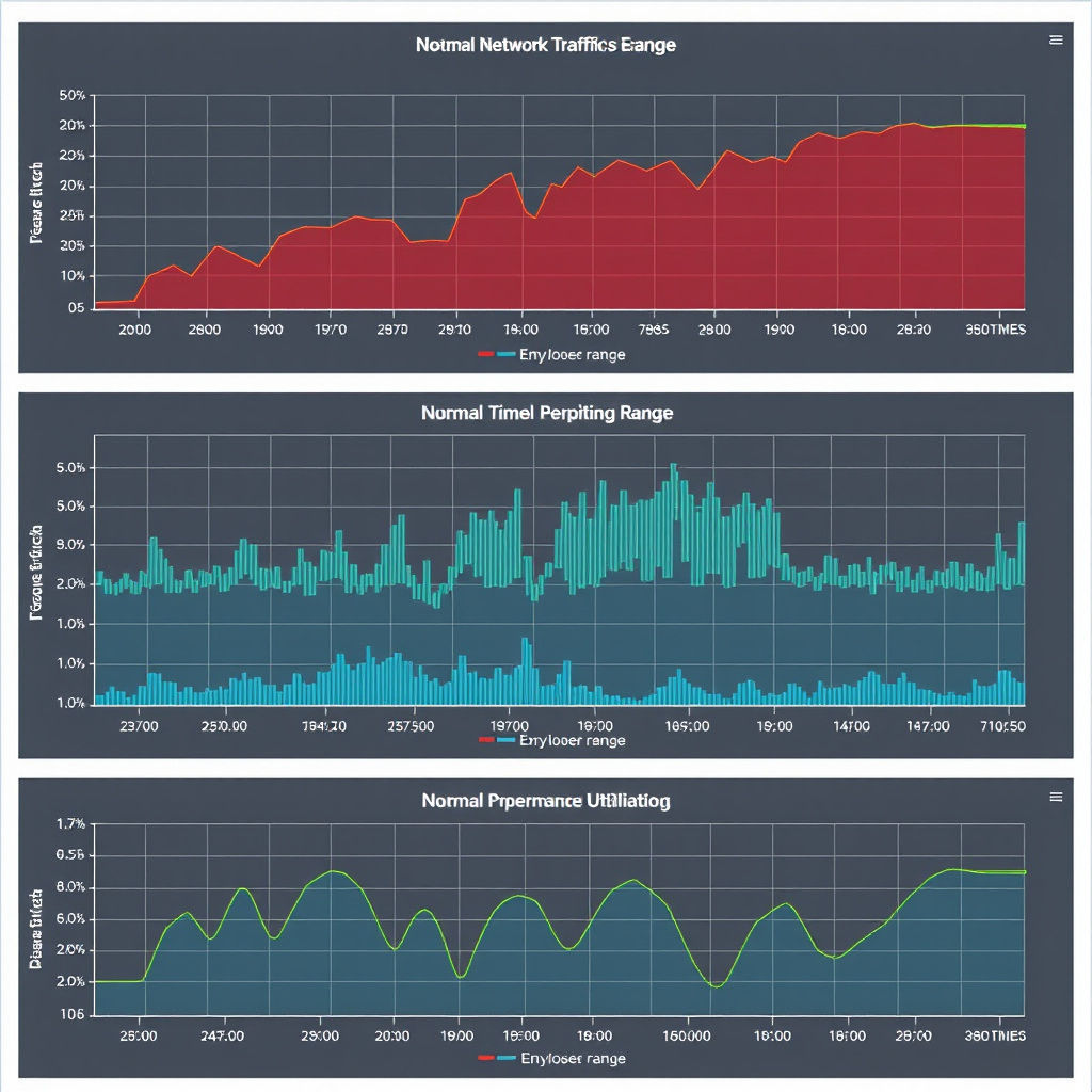 Multiple performance baseline charts showing network traffic patterns, response times, and bandwidth utilization over time with clearly marked normal operating ranges and threshold indicators