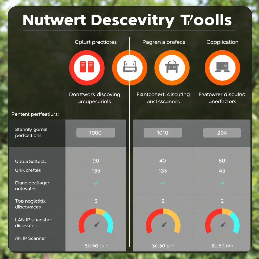 Comparison interface showing multiple network discovery tools with performance metrics, feature comparison charts, and scanning speed indicators for LAN IP scanner applications