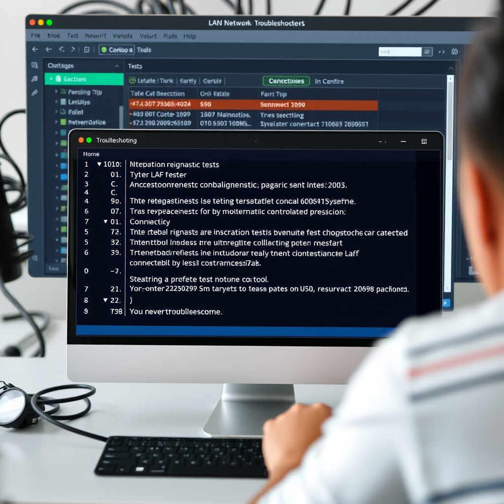 Network troubleshooting interface showing diagnostic tools, connectivity tests, and step-by-step problem resolution for LAN administrators