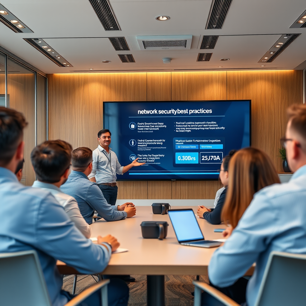 Small group of office employees attending a cybersecurity training session with a presenter showing network security best practices on a large screen in a modern conference room
