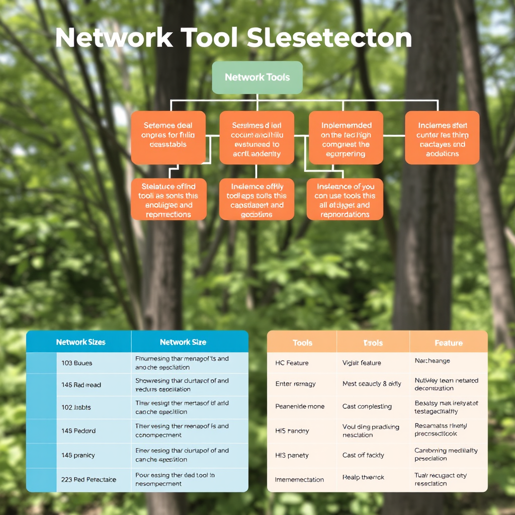 Network tool selection decision tree showing different scanning scenarios, network sizes, and recommended tools with feature comparison matrix and implementation guidelines