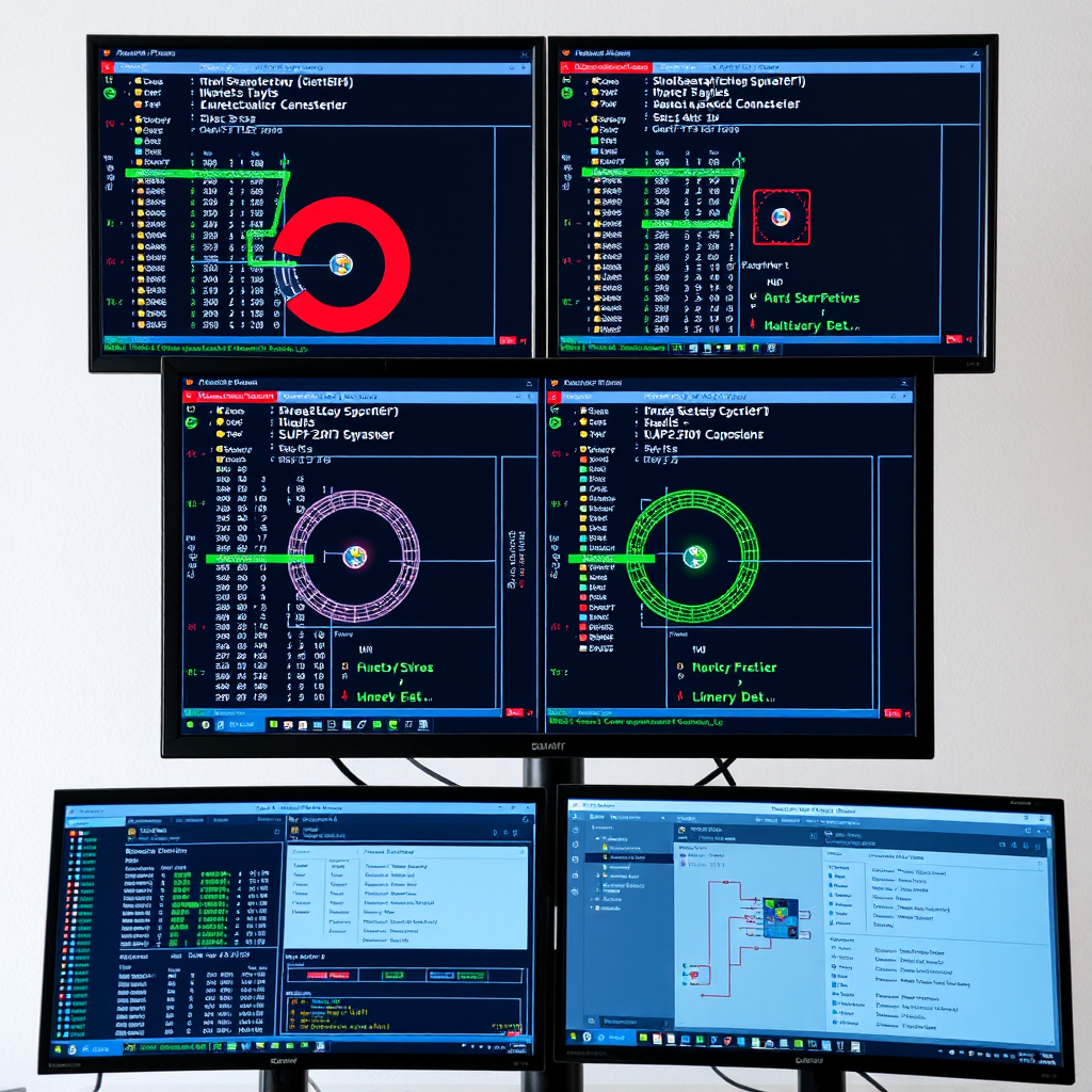 Split-screen view showing network segment analysis with IP scanner tools displaying different subnet scans, VLAN configurations, and inter-segment connectivity tests on multiple monitors