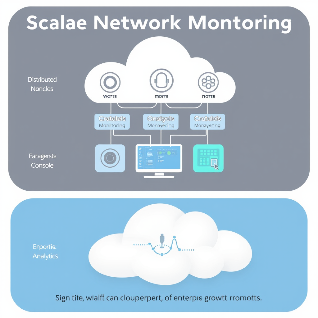 Scalable network monitoring architecture diagram showing distributed monitoring nodes, centralized management console, and cloud-based analytics platform supporting enterprise growth