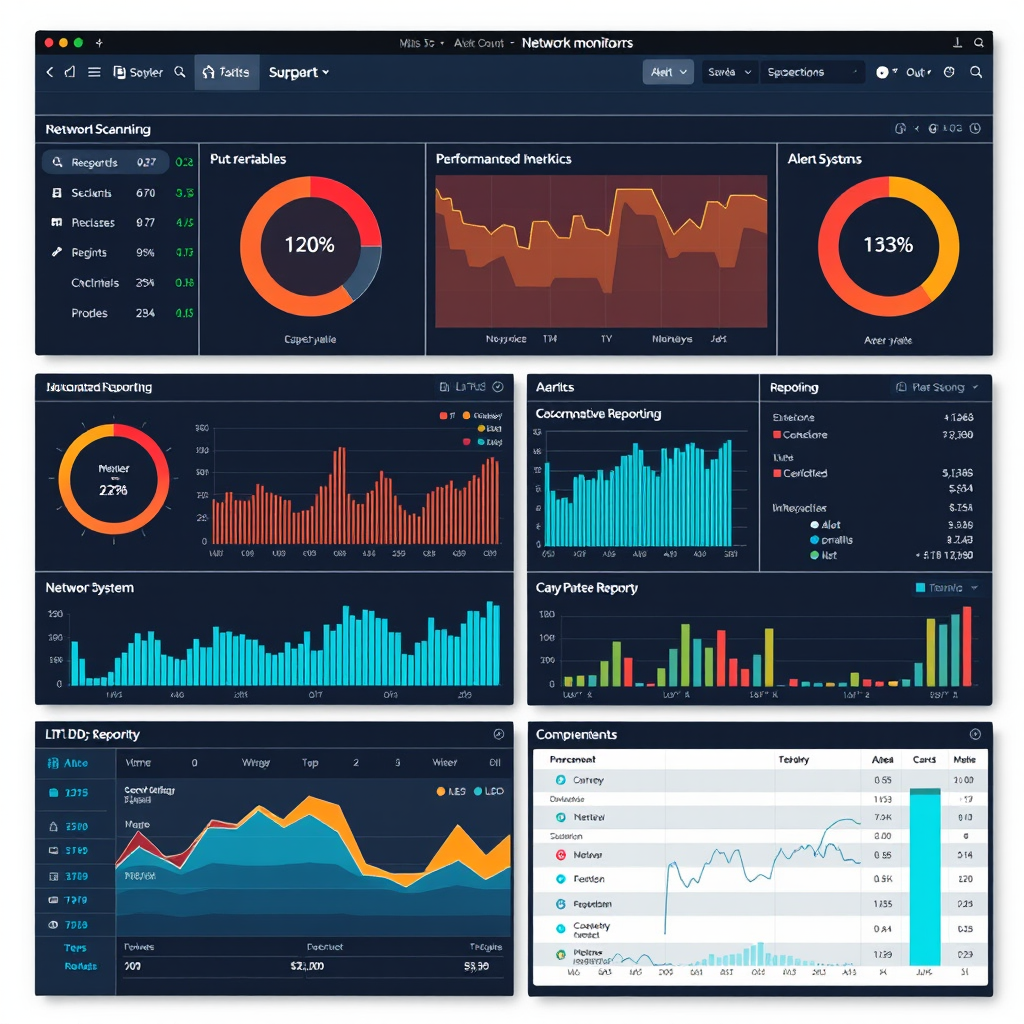 Network monitoring dashboard displaying automated scanning schedules, performance metrics, alert systems, and comprehensive reporting for IT departments