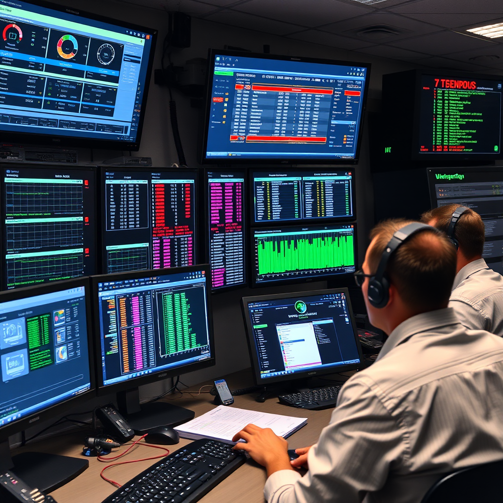 Network operations center with technicians monitoring multiple screens showing switch configurations, router status, and real-time LAN traffic analysis with IP scanner tools and network management interfaces