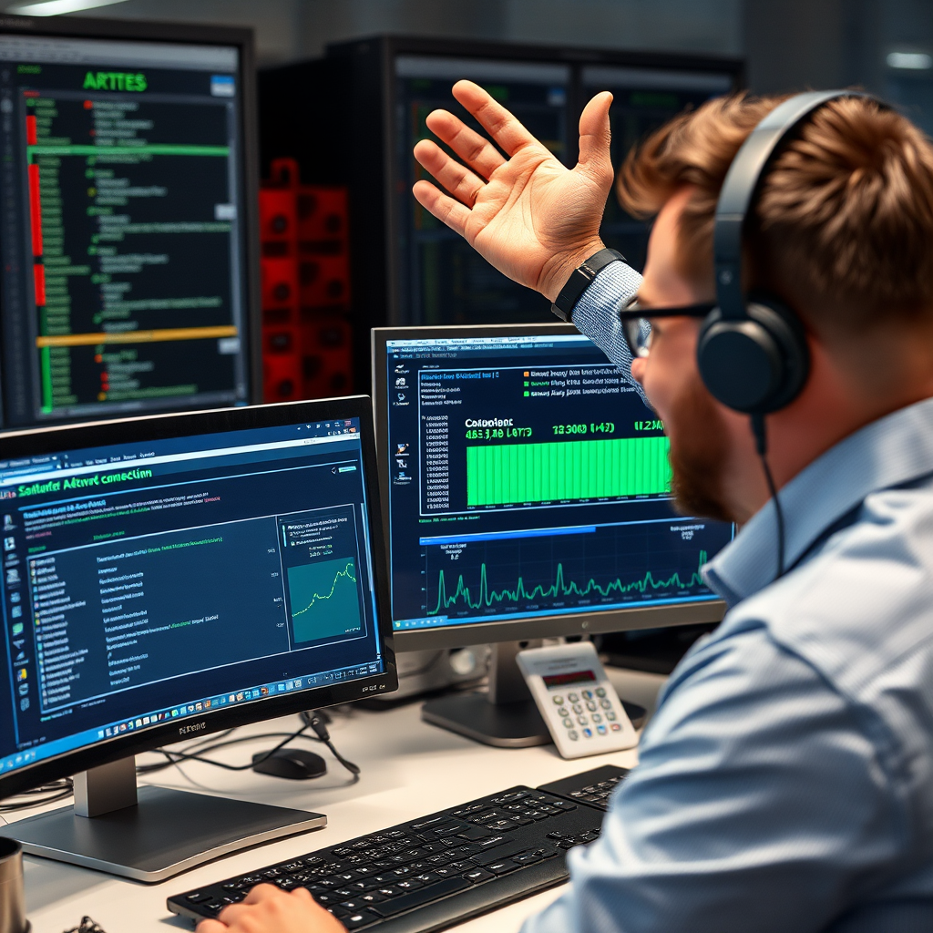Network administrator celebrating successful resolution of connectivity issues with computer screens showing restored network connectivity, active device status, and improved performance metrics from IP scanner tools
